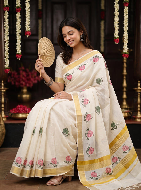 Cotton Cream Printed Floral Kerala Saree with Pink Lotus Motif