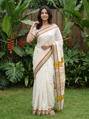 Cotton White Golden Butta with Red Black Temple Border Onam Special Kerala Saree