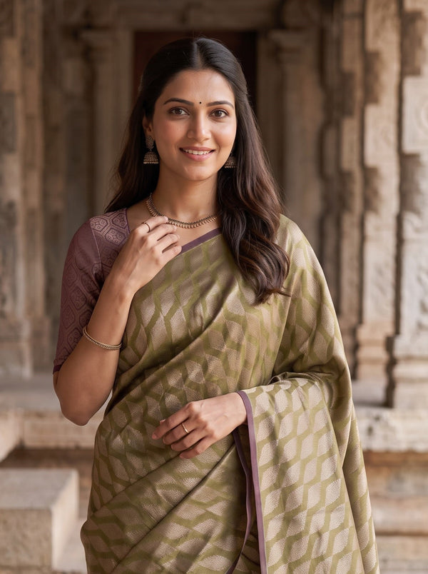 Matka Silk Olive Purple Diamond Lattice Pallu Saree with Tassels
