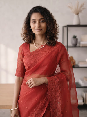 Organza Red Saree with Floral Lace Border