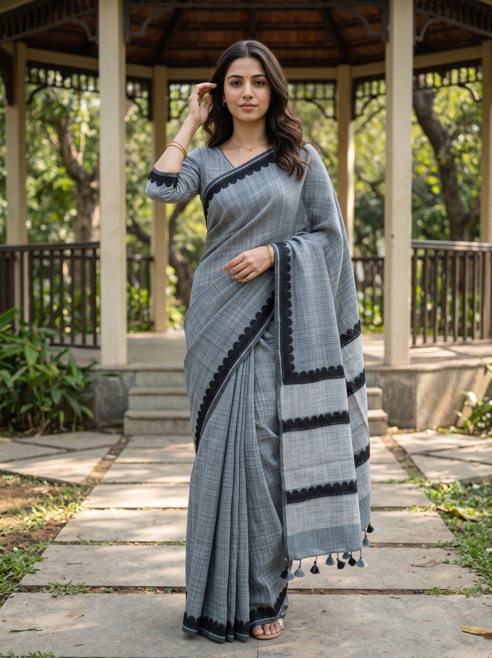 Linen Slate Blue Grey Check Black Lace Cutwork Border Saree