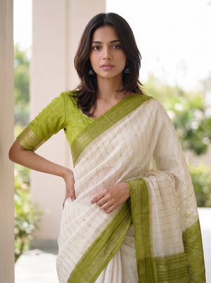 Semi Silk Off-White Butta Print Saree with Mehendi Green Zari Pallu