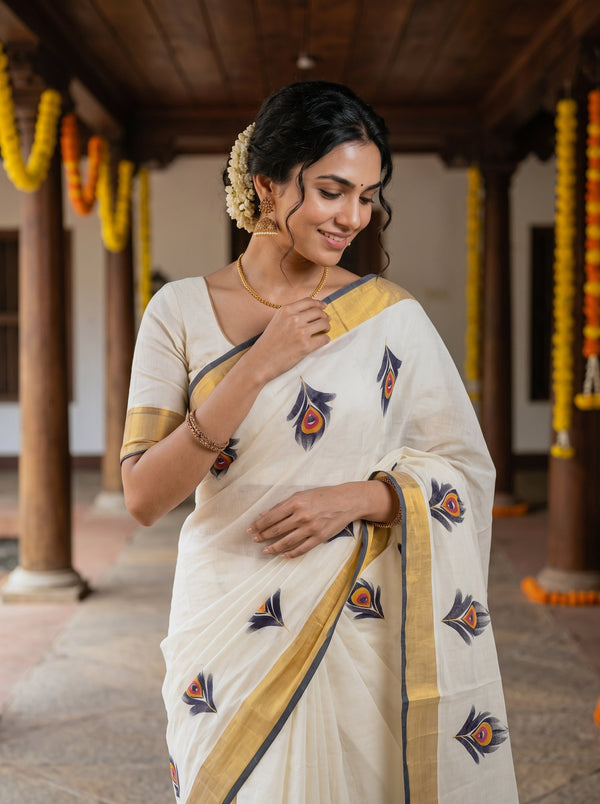 Cotton Cream Peacock Feather Print Golden Border Onam Special Kerala Saree