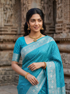 Banarasi Silk Turquoise Zari Kalka Pallu Saree