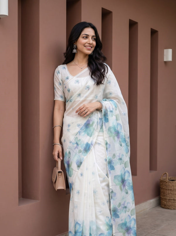 Chanderi Cotton Cream Saree with Blue Watercolor Floral Print