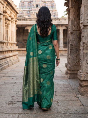 Pure Silk Peacock Green Saree with Golden Zari Butta Pallu and Checks