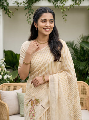 Tissue Cream Peacock Pair Beaded Sequin Embroidered Pallu Saree with Mustard Stripes