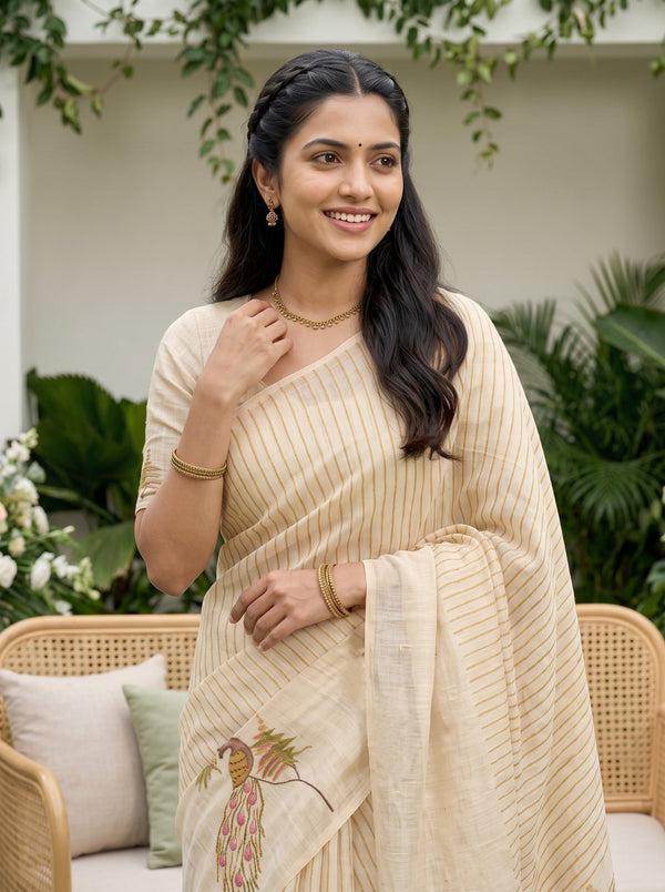 Tissue Cream Peacock Pair Beaded Sequin Embroidered Pallu Saree with Mustard Stripes