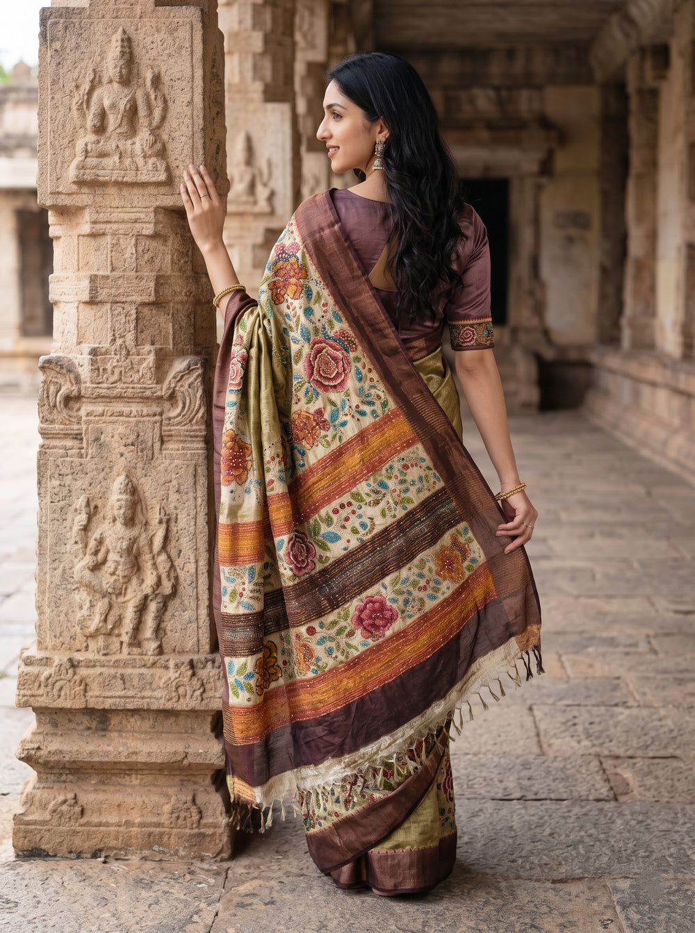 Tussar Silk Olive Green Saree with Kantha Embroidered Rose Floral Pallu