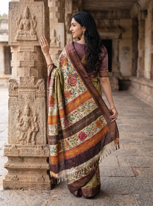 Tussar Silk Olive Green Saree with Kantha Embroidered Rose Floral Pallu
