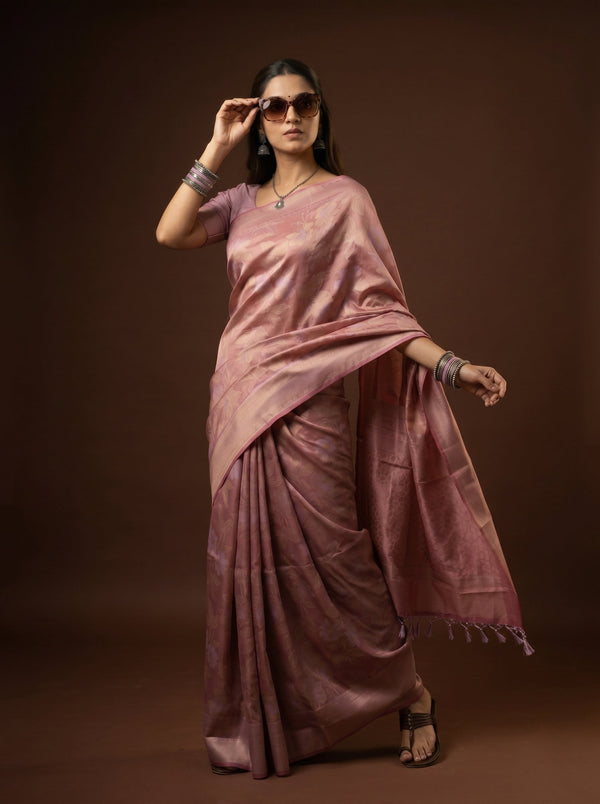Semi Silk Dusty Pink Floral Zari Saree