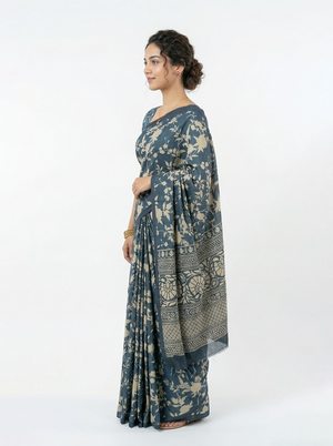 Semi Jute Steel Blue Floral Print Saree