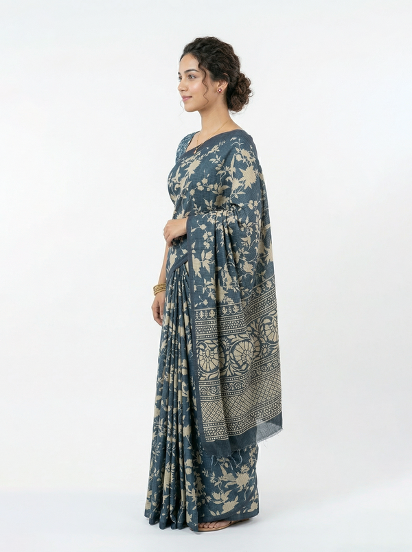 Semi Jute Steel Blue Floral Print Saree