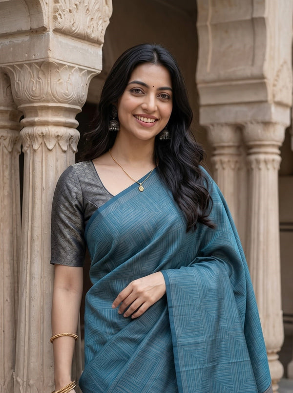 Matka Silk Sky Blue Geometric Weave Contrast Pallu Saree with Tassels