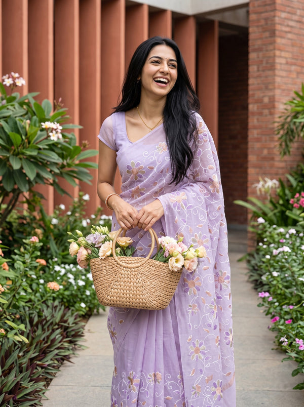 Mul Chanderi Lilac Purple Peach Floral Vine Embroidered Golden Zari Band Pallu Tassels Saree