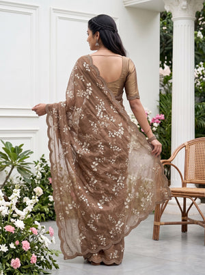 Chiffon Chocolate Brown Floral Leaf Pattern Saree