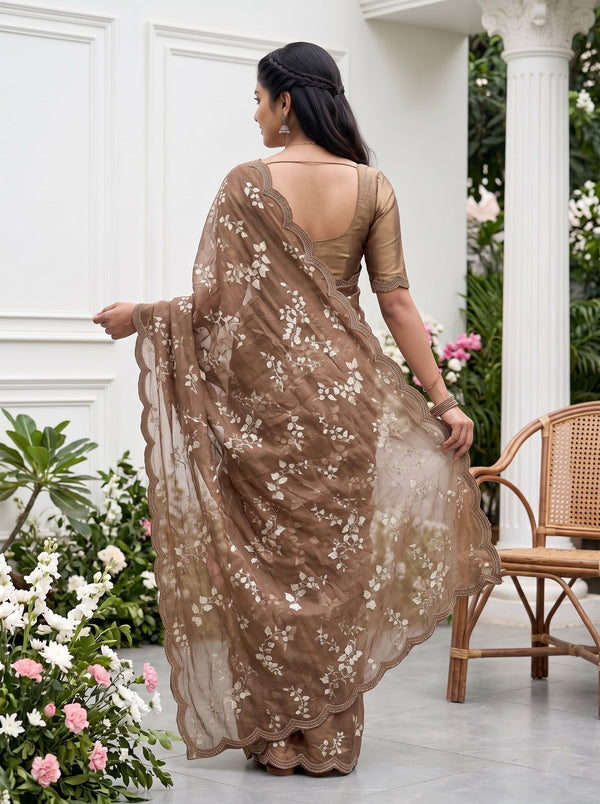 Chiffon Chocolate Brown Floral Leaf Pattern Saree