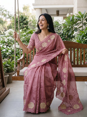 Organza Dusty Rose Pink Golden Rose Applique Floral Embroidered Scalloped Border Saree