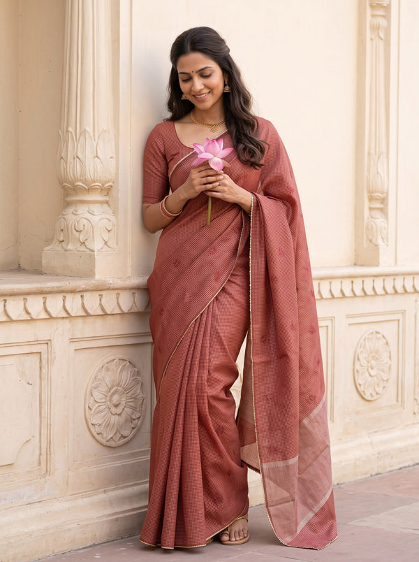 Semi Silk Red Checkered Saree with Floral Butta Design