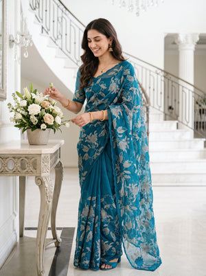 Organza Peacock Blue Allover Golden Thread Floral Bouquet Embroidered Scalloped Edge Saree