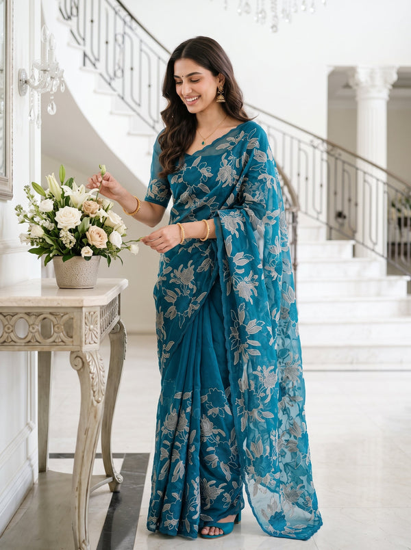 Organza Peacock Blue Allover Golden Thread Floral Bouquet Embroidered Scalloped Edge Saree