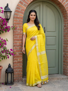 Chanderi Organza Yellow Sequin Work Saree with Gold Tissue Border and Tassels