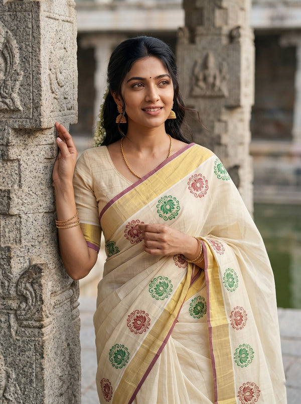 Tissue Cream Kerala Saree with Lotus Motif Print Border, Golden Zari and Maroon Border