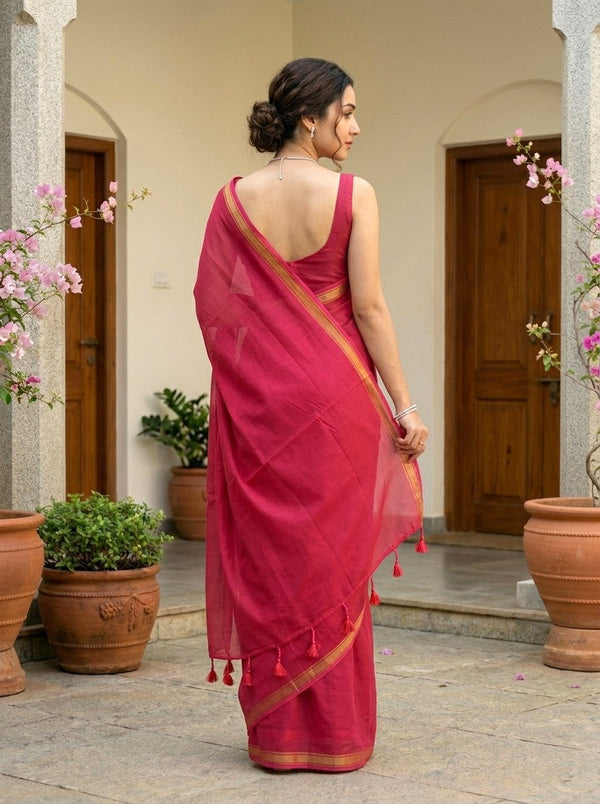 Mul Mul Cotton Rani Pink Plain Saree with Golden Zari Border
