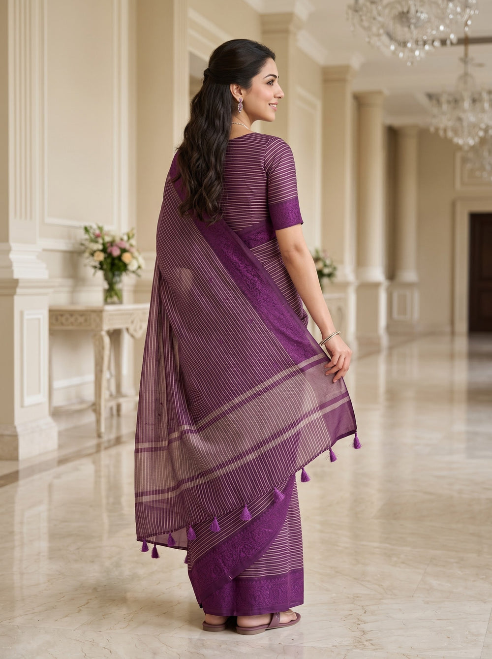 Pure Organza Wine Magenta Floral Butta Striped Border