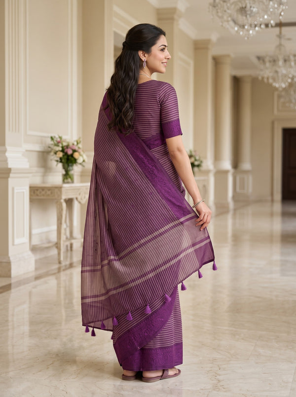 Pure Organza Wine Magenta Floral Butta Striped Border