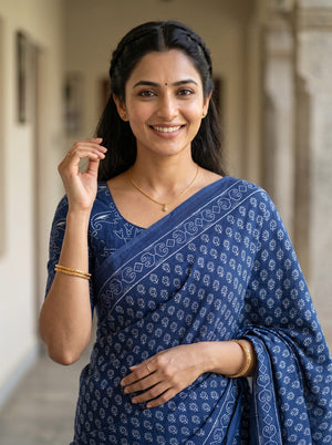 Cotton Navy Blue Saree with White Bagru Block Print