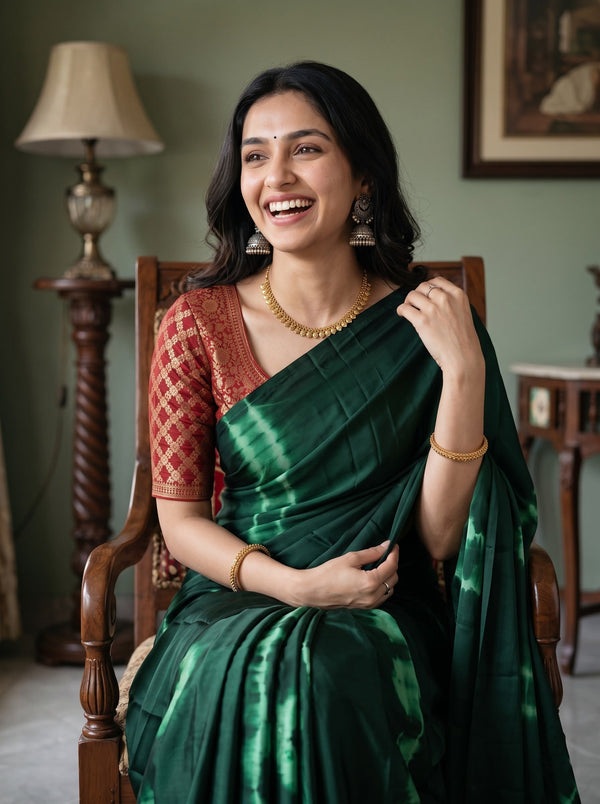Synthetic Green Tie Dye Ring Pattern Saree with Tasseled Pallu