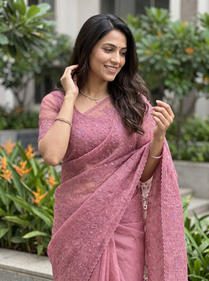 Organza Pink Saree with All-Over Floral Embroidery and Sequins