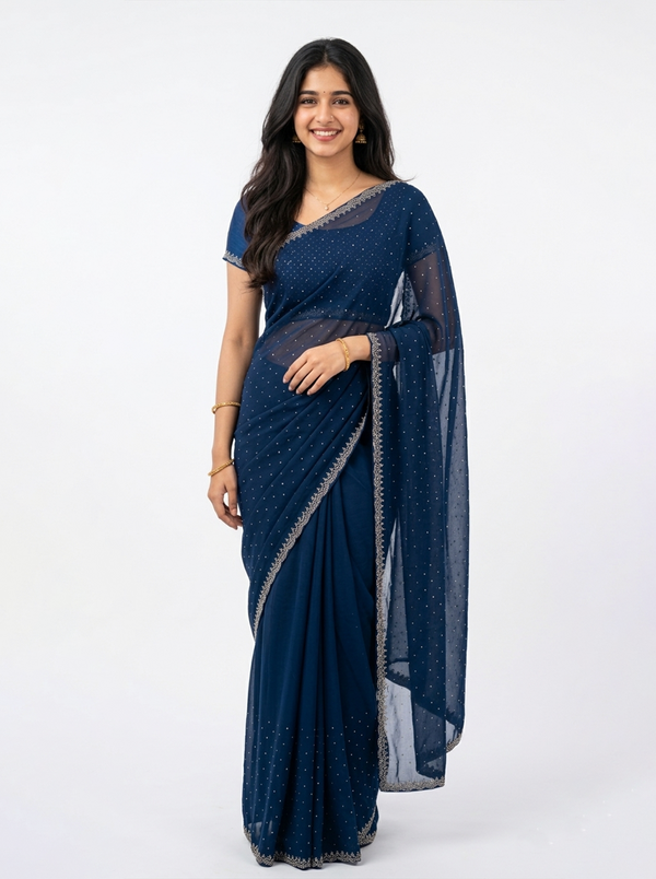 Georgette Navy Blue Stone Studded Saree with Pearl Beaded Border