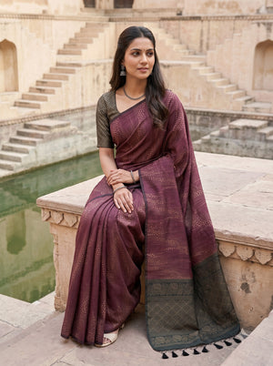 Semi Tussar Silk Maroon Black Floral Diamond Trellis Pallu Saree