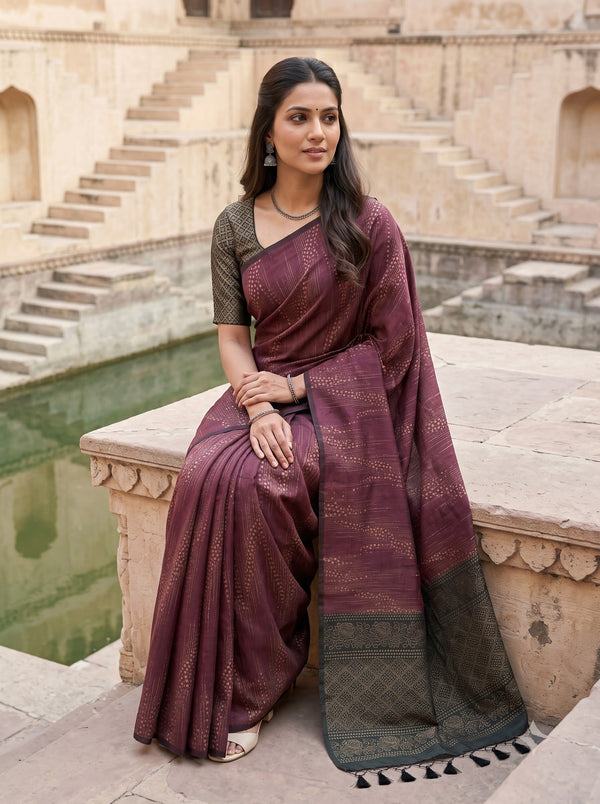 Semi Tussar Silk Maroon Black Floral Diamond Trellis Pallu Saree