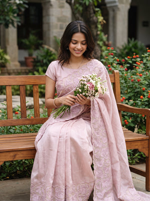 Semi Tussar Lavender Floral Vine Applique Embroidered Net Cutwork Pallu Saree with Scalloped Border