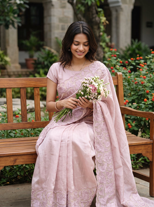 Semi Tussar Lavender Floral Vine Applique Embroidered Net Cutwork Pallu Saree with Scalloped Border