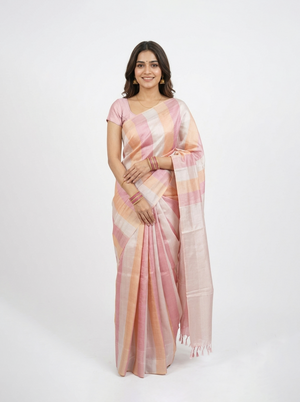 Semi Silk Soft Pink Checked Stripe Saree