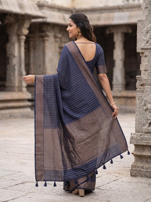 Matka Silk Navy Blue Golden Pinstripe Hexagon Geometric Pallu