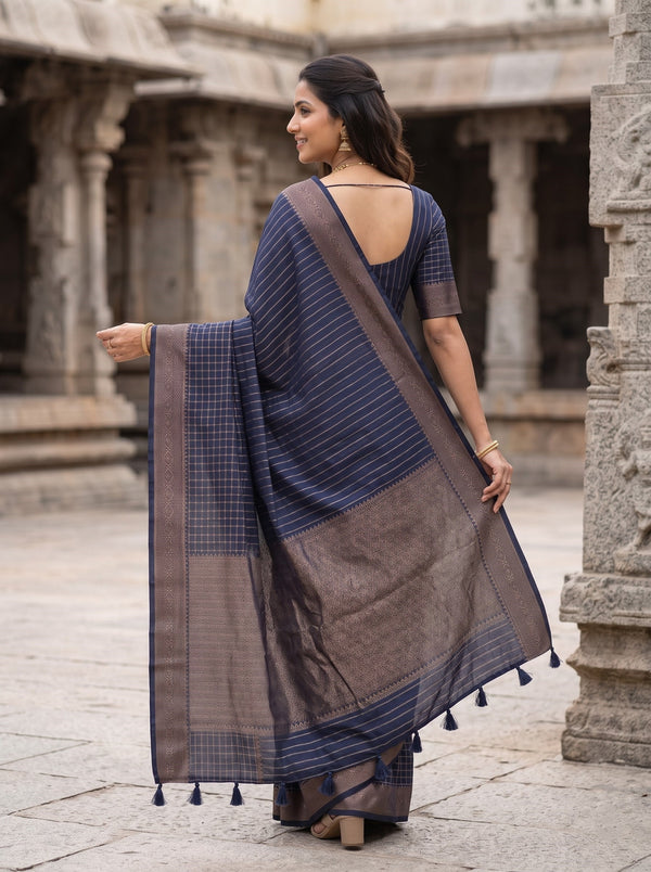 Matka Silk Navy Blue Golden Pinstripe Hexagon Geometric Pallu