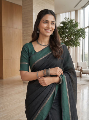 Cotton Silk Bottle Green Black Dual-Tone Saree