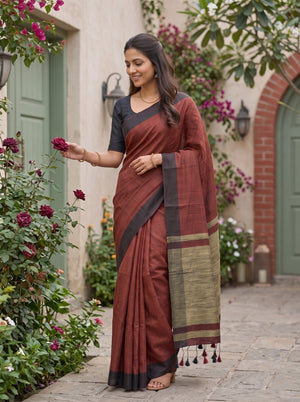 Linen Maroon Golden Zari Border Tasseled Saree