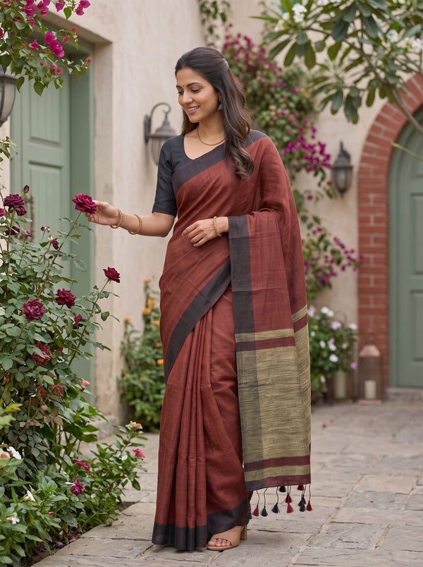 Linen Maroon Golden Zari Border Tasseled Saree