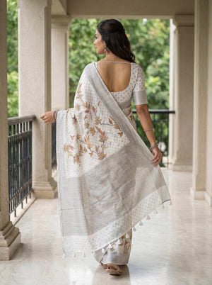 Semi Linen Off White Floral Leaf Printed Saree with Botanical Pallu