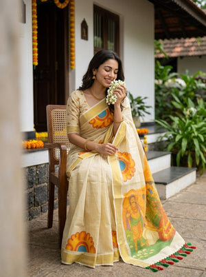 Tissue Cream Mural Onam Theme Pallu Figure Print Set Saree with Tassels