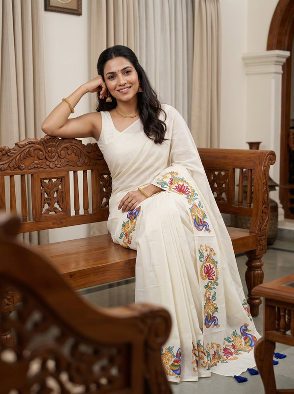 A woman wearing a white saree with colorful floral embroidery sits on a carved wooden bench in an indoor setting with beige curtains.