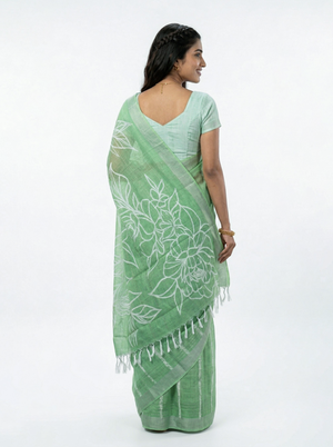 Linen Sea Green Floral Print Saree with Silver Striped Border