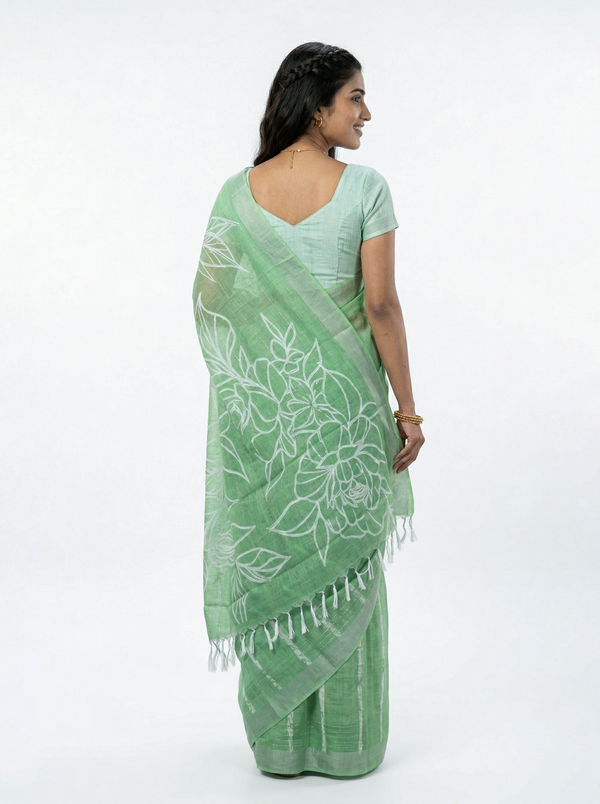 Linen Sea Green Floral Print Saree with Silver Striped Border