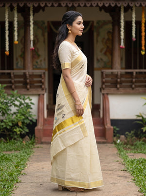 Tissue Cream Golden Coconut Palm & Boat Motif with Zari Border for Onam Special Kerala Saree